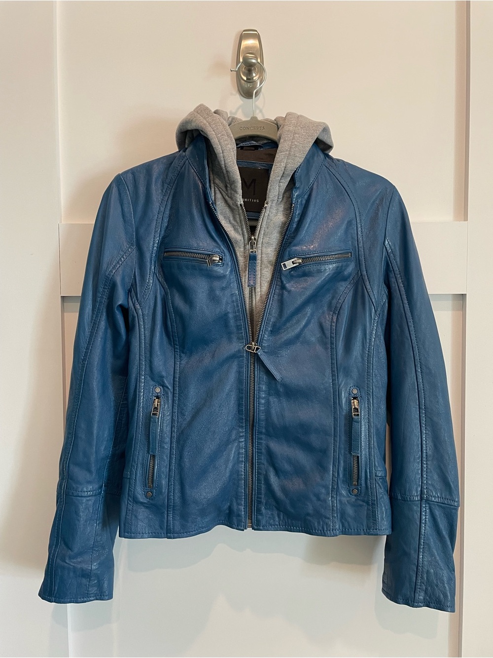 Blue Leather Jacket with Removable Gray Hoodie Insert
